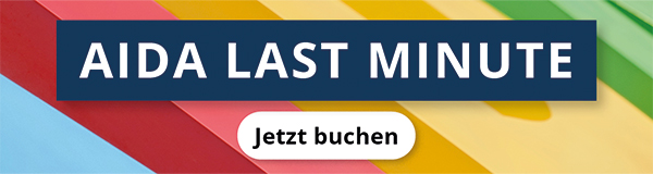 Banner mit der Aufschrift ‚AIDA LAST MINUTE‘ und einem Button ‚Jetzt buchen‘ vor einem farbigen Hintergrund.